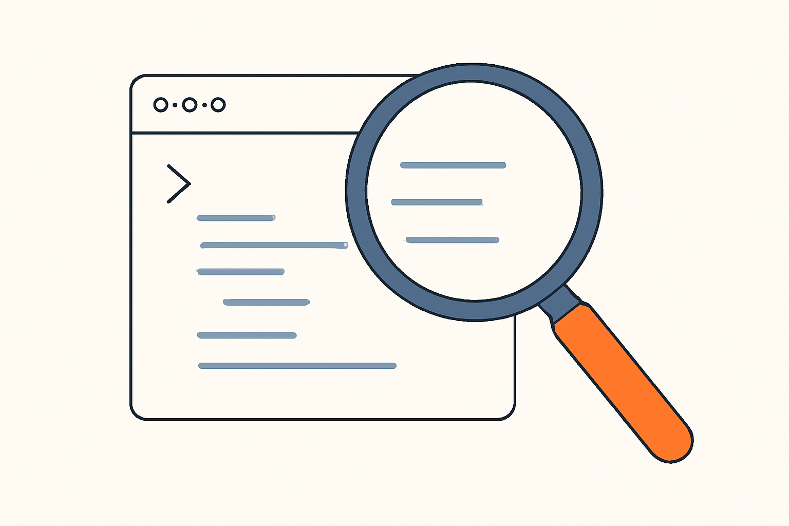 Illustration of a terminal being inspected with a magnifying glass to check a PHP version