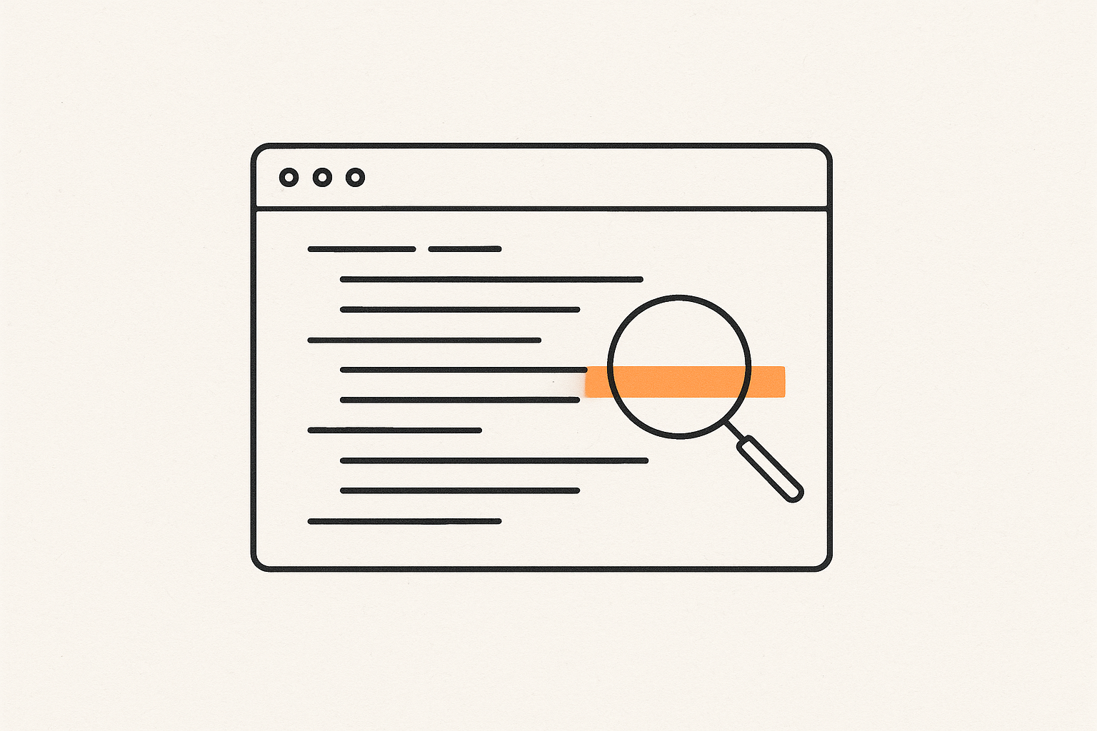 A code editor window with one line flagged in orange and a magnifying glass inspecting it