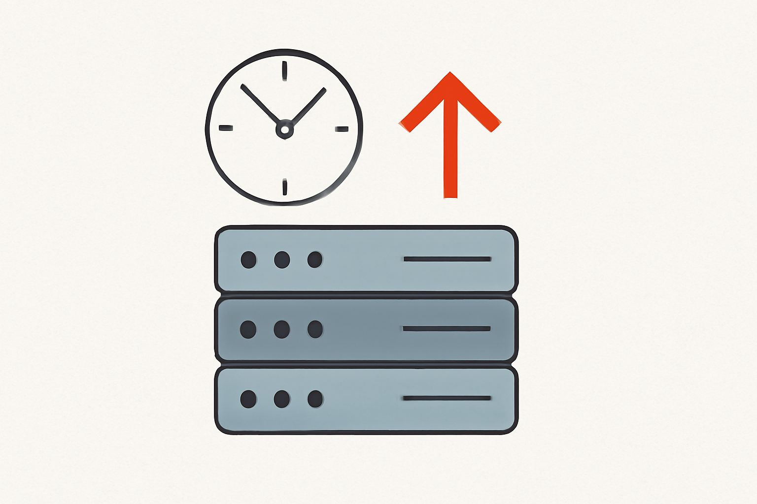 Illustration d'un serveur stylisé avec une horloge et une flèche orange indiquant une mise à jour urgente de PHP.