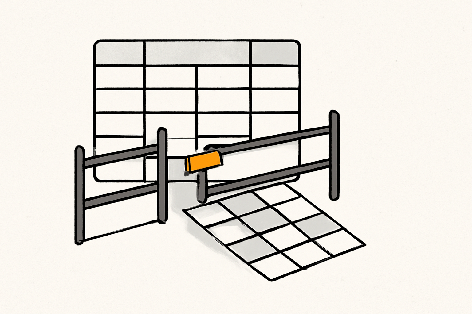 Illustration éditoriale : une grille de table de base de données derrière une barrière entrouverte, une ligne s'échappe.