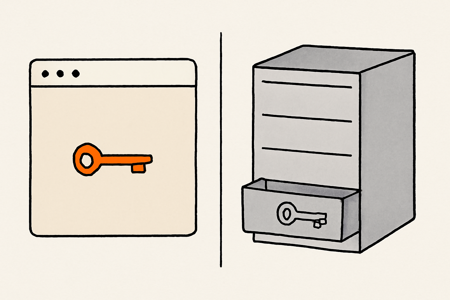 A public anon key in the browser contrasted with a service role key kept inside a server