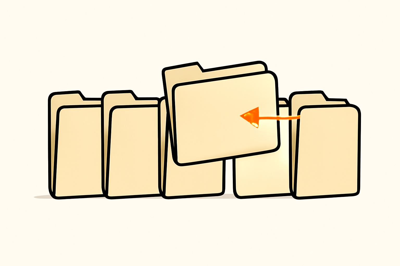 Illustration éditoriale : une rangée de dossiers identiques, l'un légèrement décalé et relié à son voisin par une fine flèche orange, sur fond papier clair.