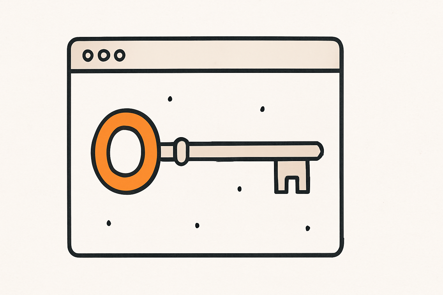 Illustration éditoriale : une grosse clé posée sur une fenêtre de navigateur, à la vue de tous, avec une touche orange.