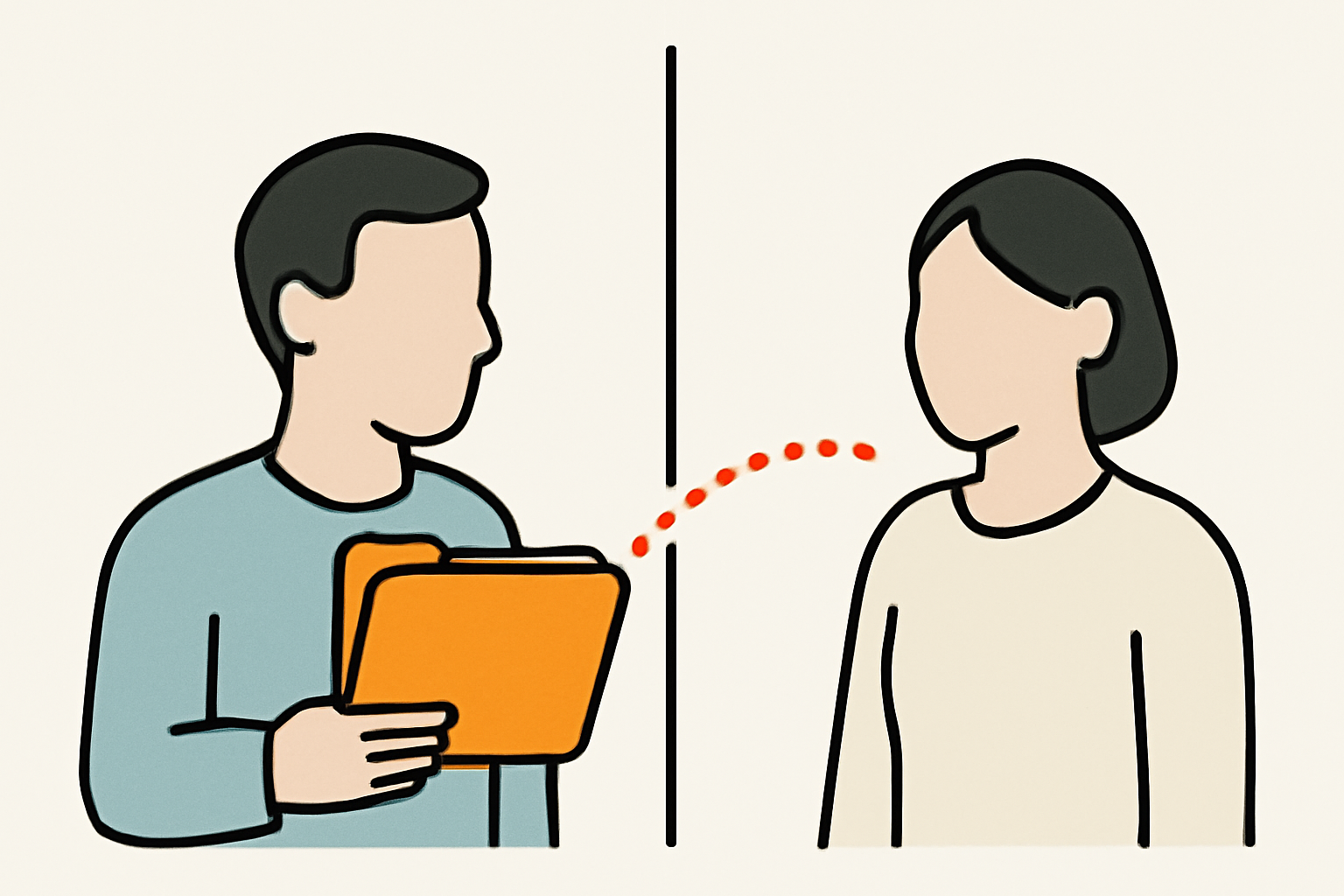 Illustration éditoriale : deux silhouettes face à face, une ligne pointillée orange faisant passer des données de l'une à l'autre, pour évoquer l'accès aux données d'autrui.