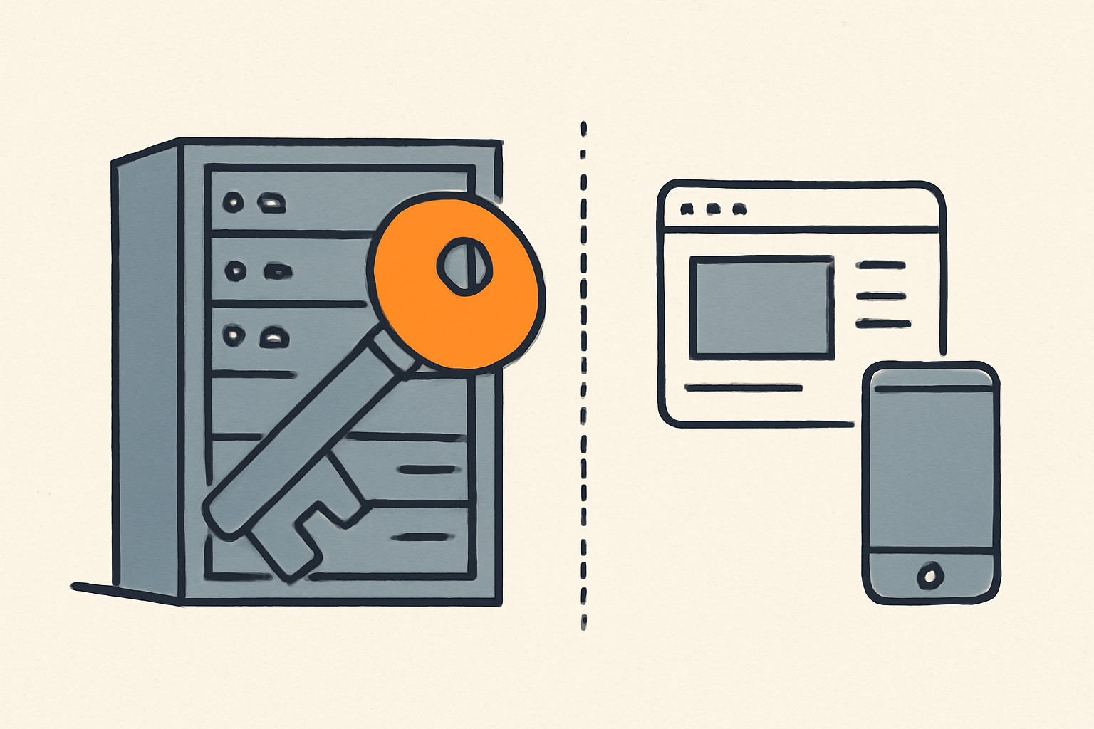 A browser code editor with a highlighted API key string, a red warning marker beside it, and a padlock icon guarding a database cylinder.