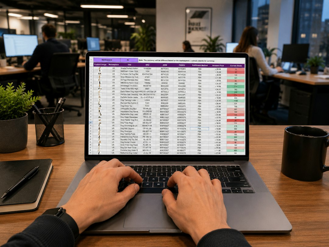 Hands typing on a laptop showing a data spreadsheet, illustrating row filtering