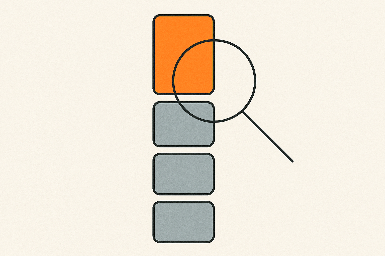 Version cards compared under a magnifying glass, one highlighted in orange