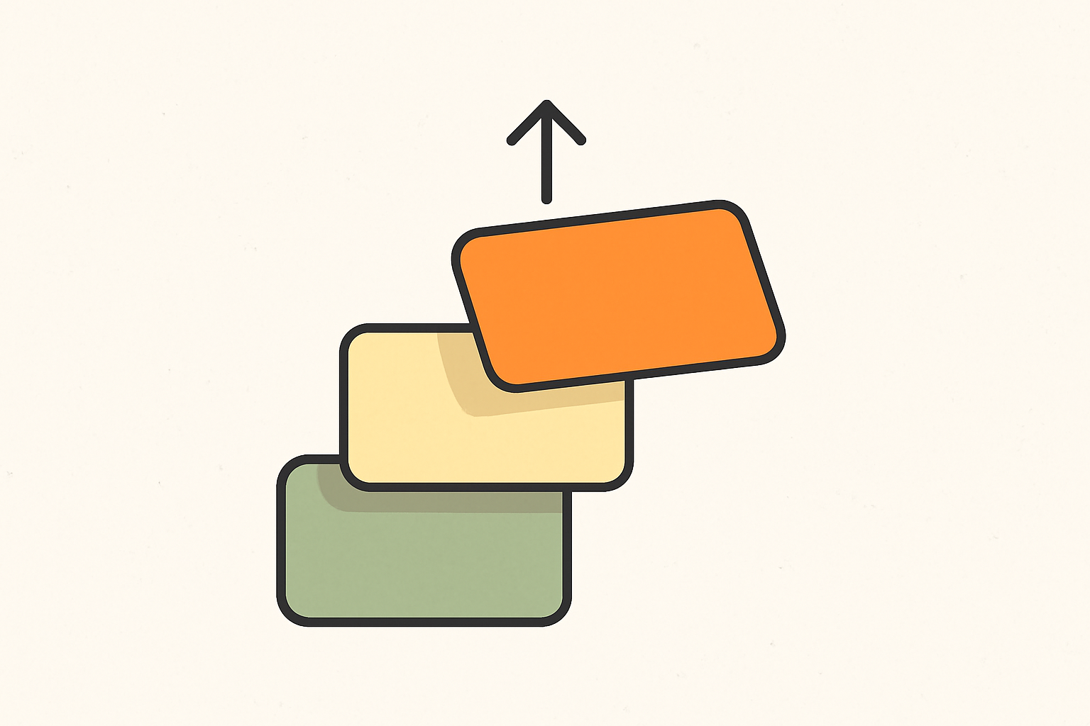 Illustration of version cards being upgraded, one card lifted with an arrow