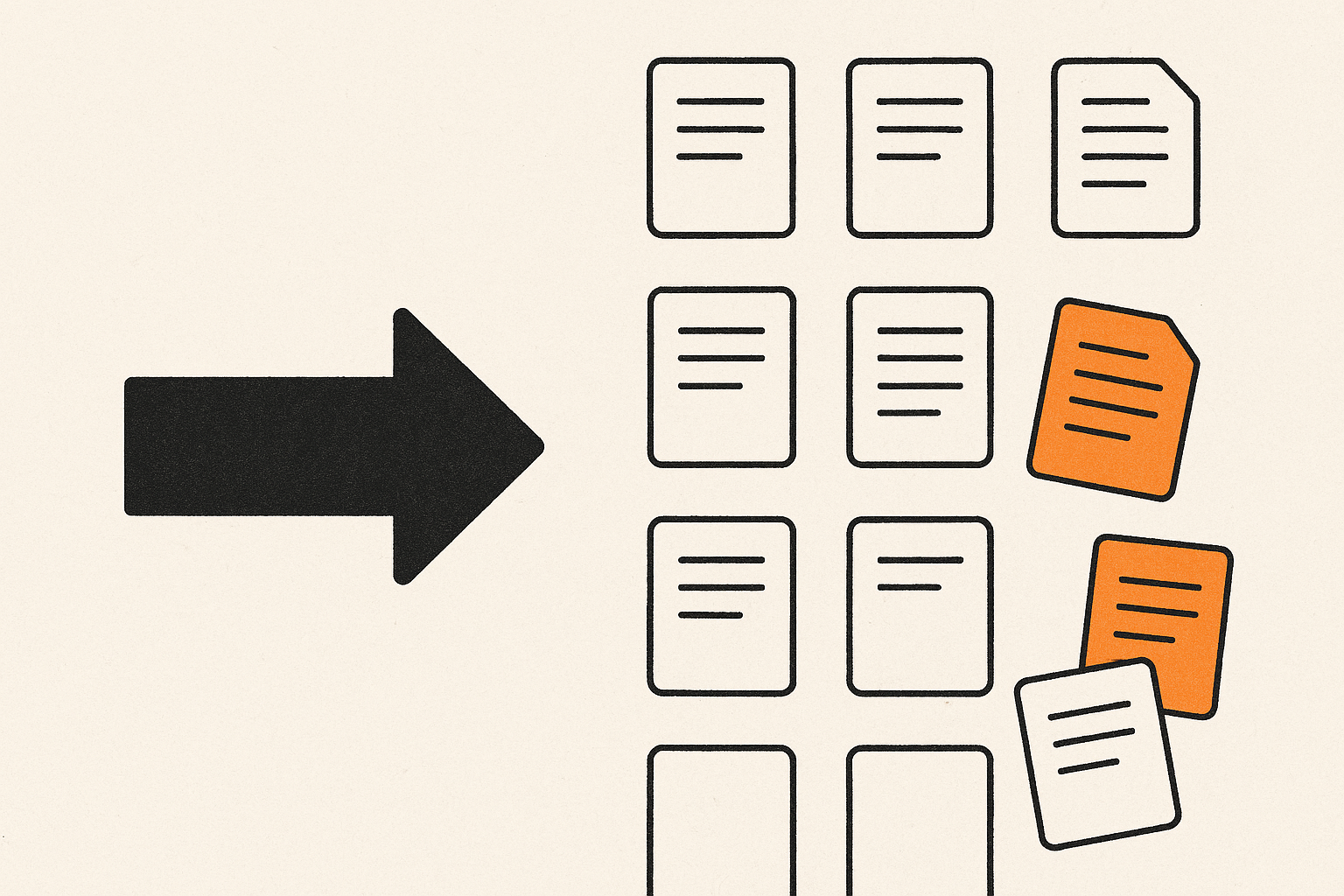 Illustration showing a database query meeting document cards, some blocked and pushed aside in orange