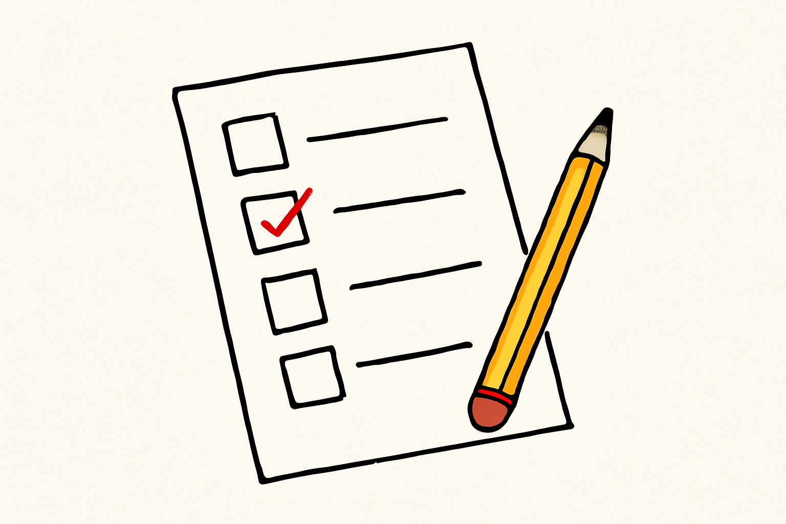 Illustration d'une checklist de conformité avec une case cochée en orange et un crayon posé à côté.