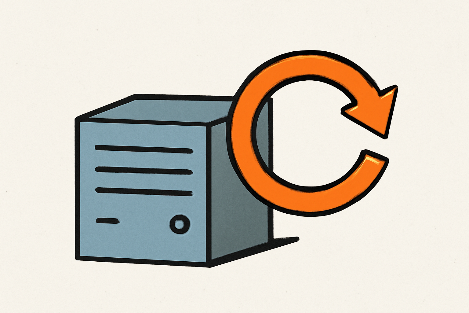 Illustration d'une flèche circulaire orange symbolisant le redémarrage d'un serveur après mise à jour.