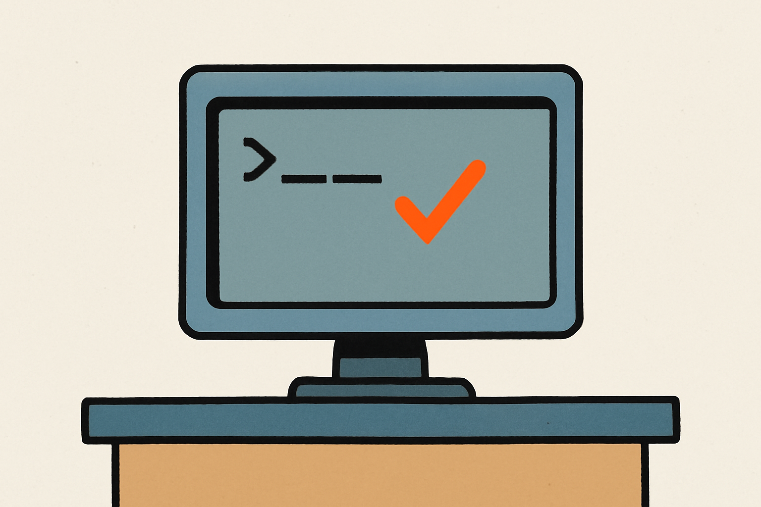 Illustration d'un terminal affichant une version de logiciel avec une coche orange.
